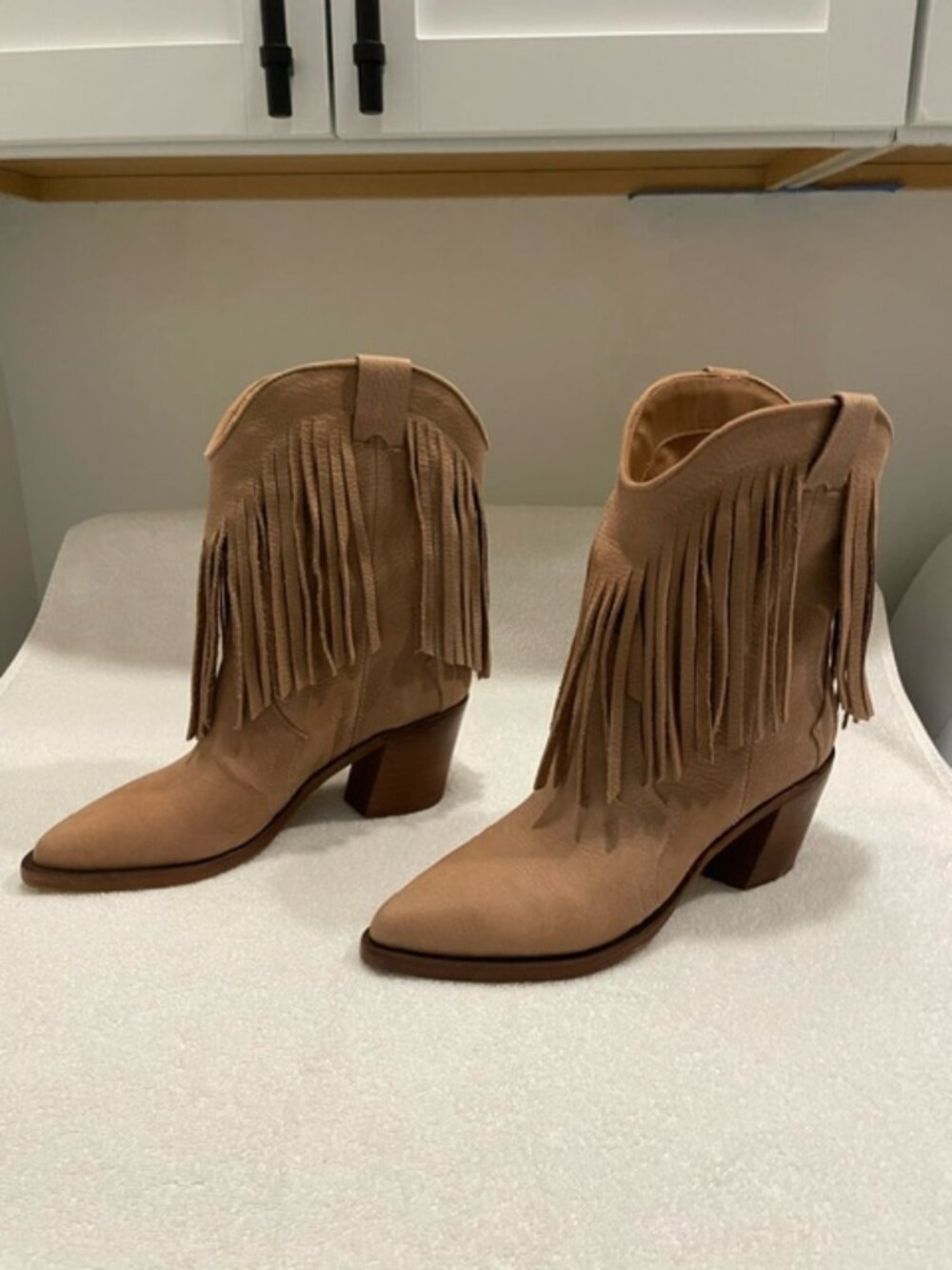 Dolce Vita From Anthropologie Taupe Tan Fringe Kayle Mid CALF BOOTS 7M new